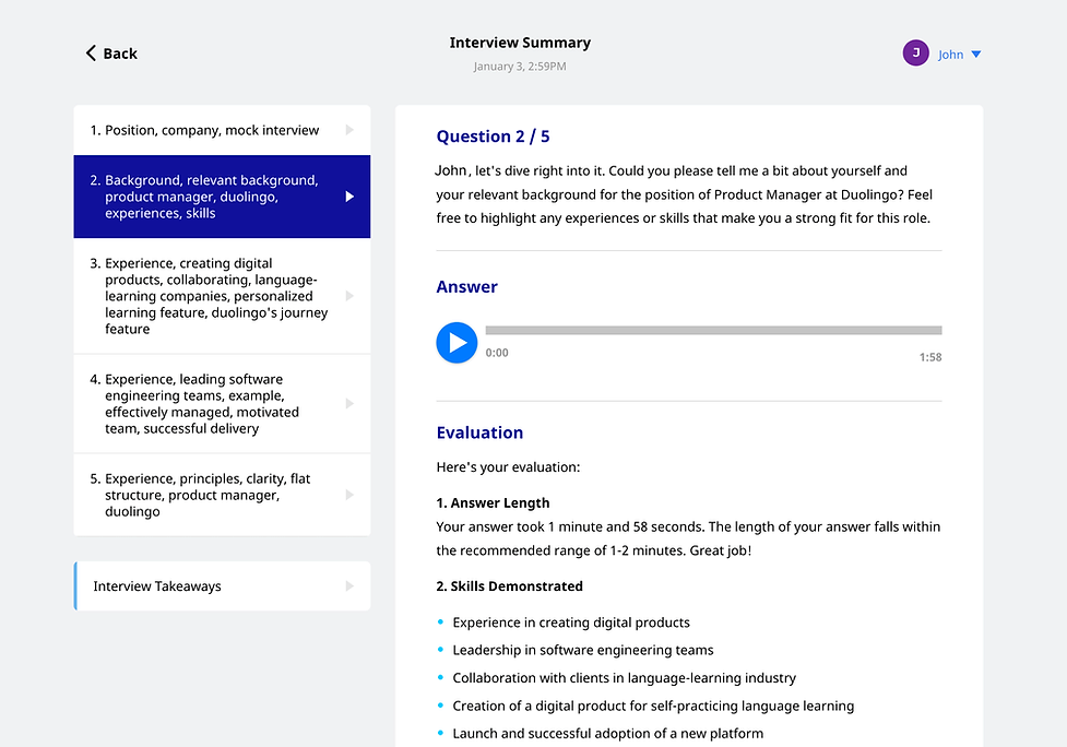 Interview summary page