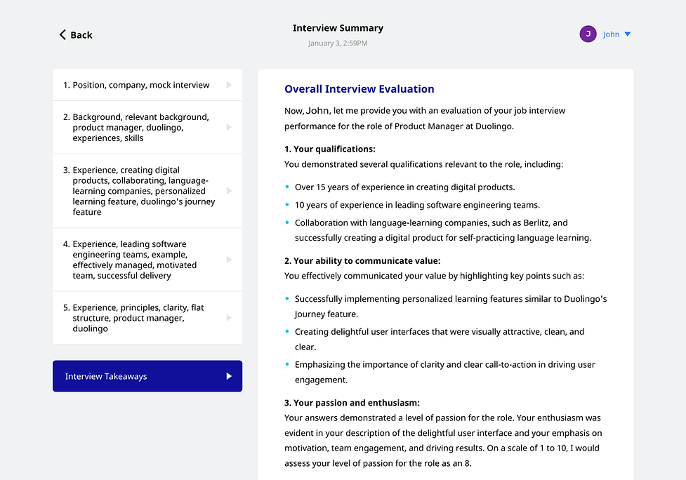 Interview takeaways page